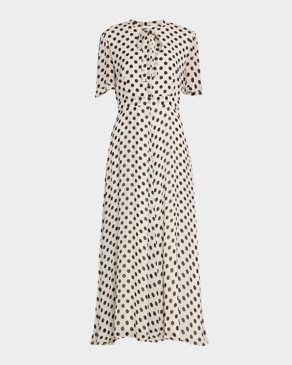 Lorenza Tie-Neck Polka Dot Maxi Shirtdress